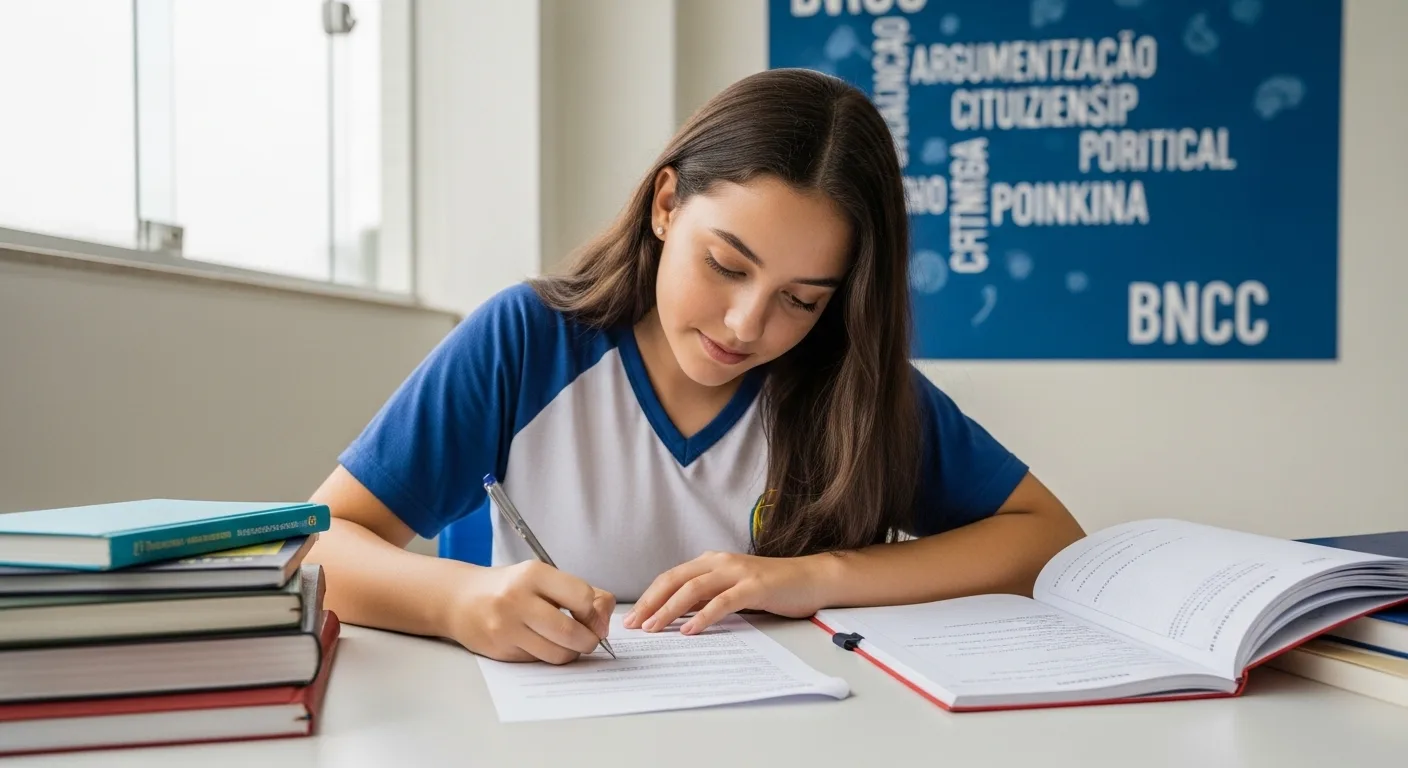 Estudante desenvolvendo competências para a redação do ENEM 2026 com foco em argumentação e repertório