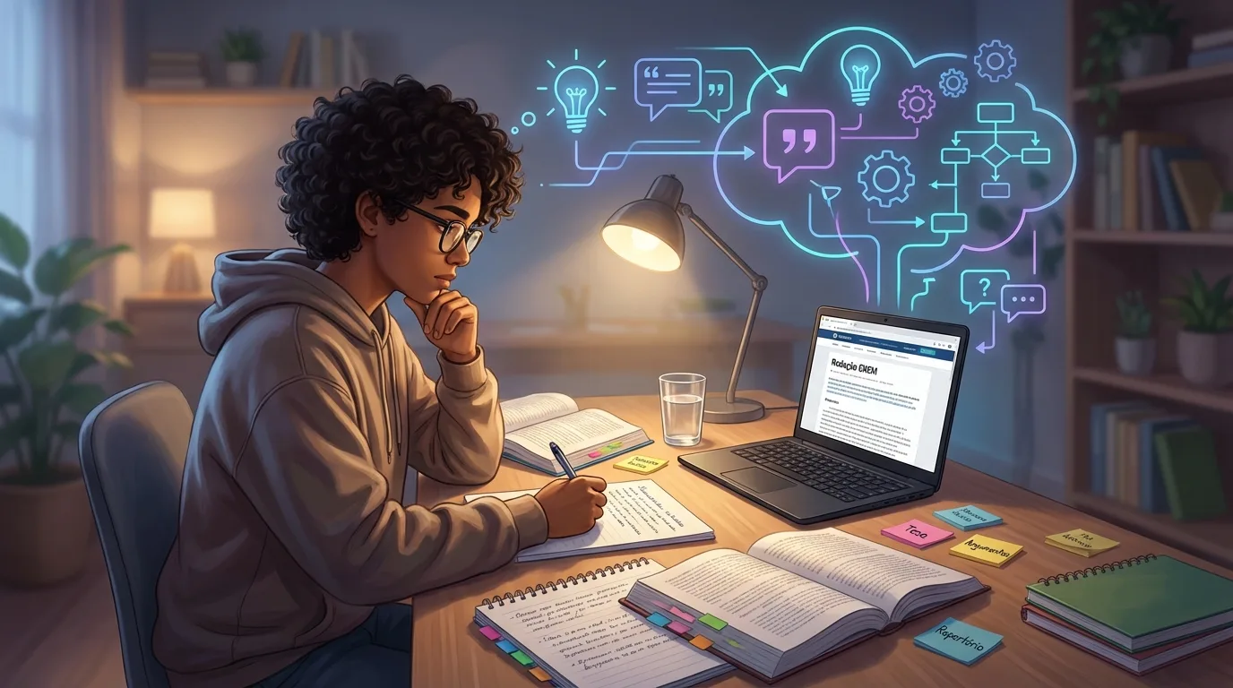 Estudante treinando argumentação para redação do ENEM